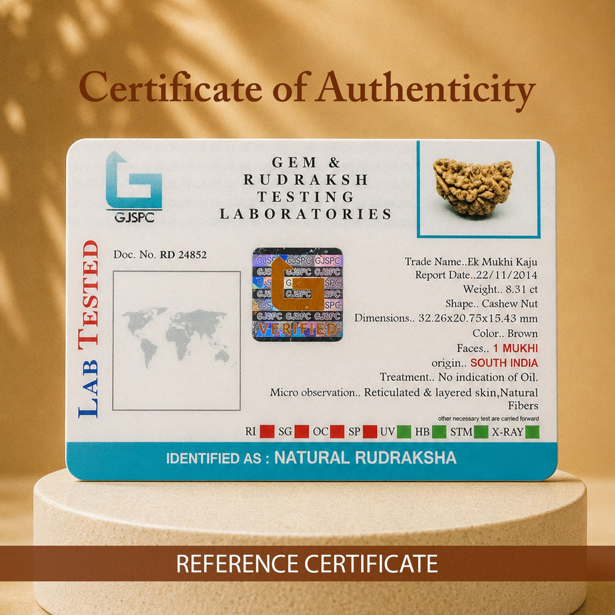 A Gem & Rudraksh Testing Laboratories authenticity certificate card shown on a beige pedestal against a warm brown background. The certificate includes product details for a natural rudraksha nut, a small product photo, and a blue footer with reference code information.